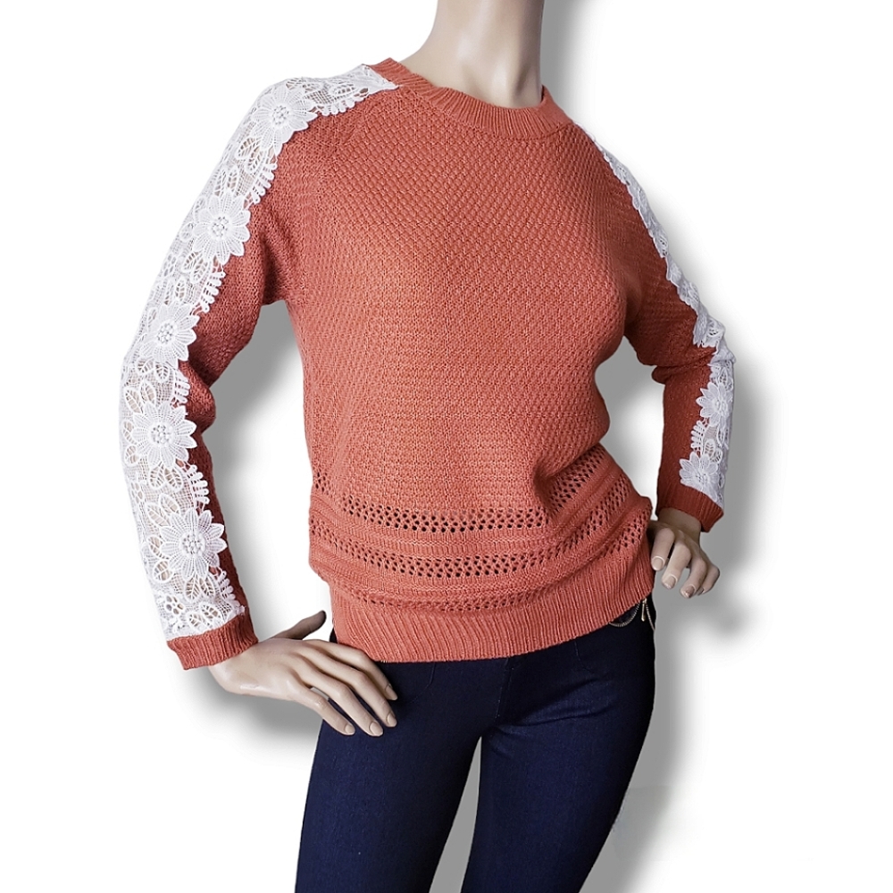 Listicle Rust Orange & White Lace Sleeve Knit Sweater - Picture 5 of 8